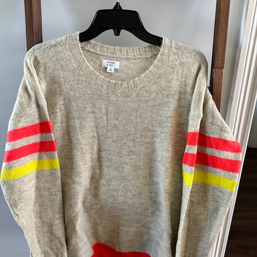 Crown & Ivy Gray Sweater with Red and Yellow Accents